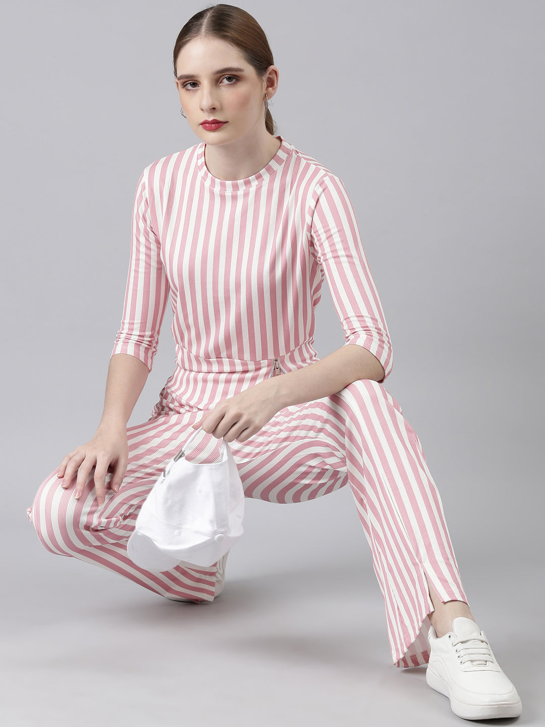 Women Pink Striped Tracksuit