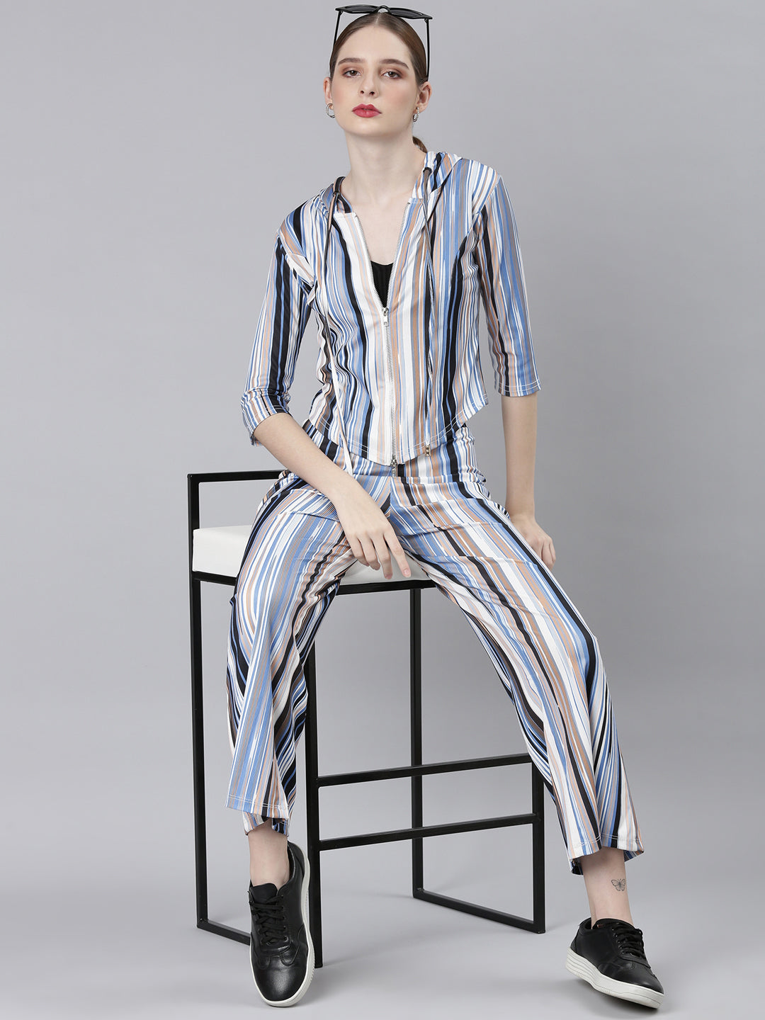 Women Blue Striped Tracksuit