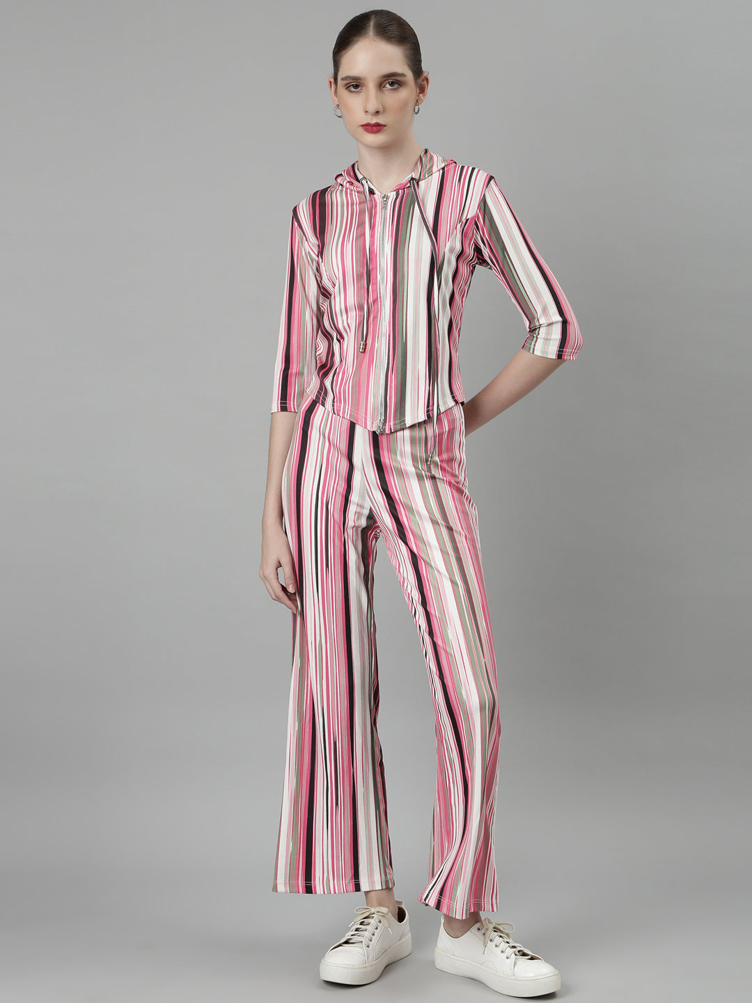 Women Pink Striped Tracksuit