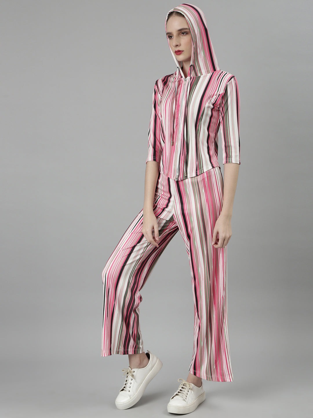 Women Pink Striped Tracksuit