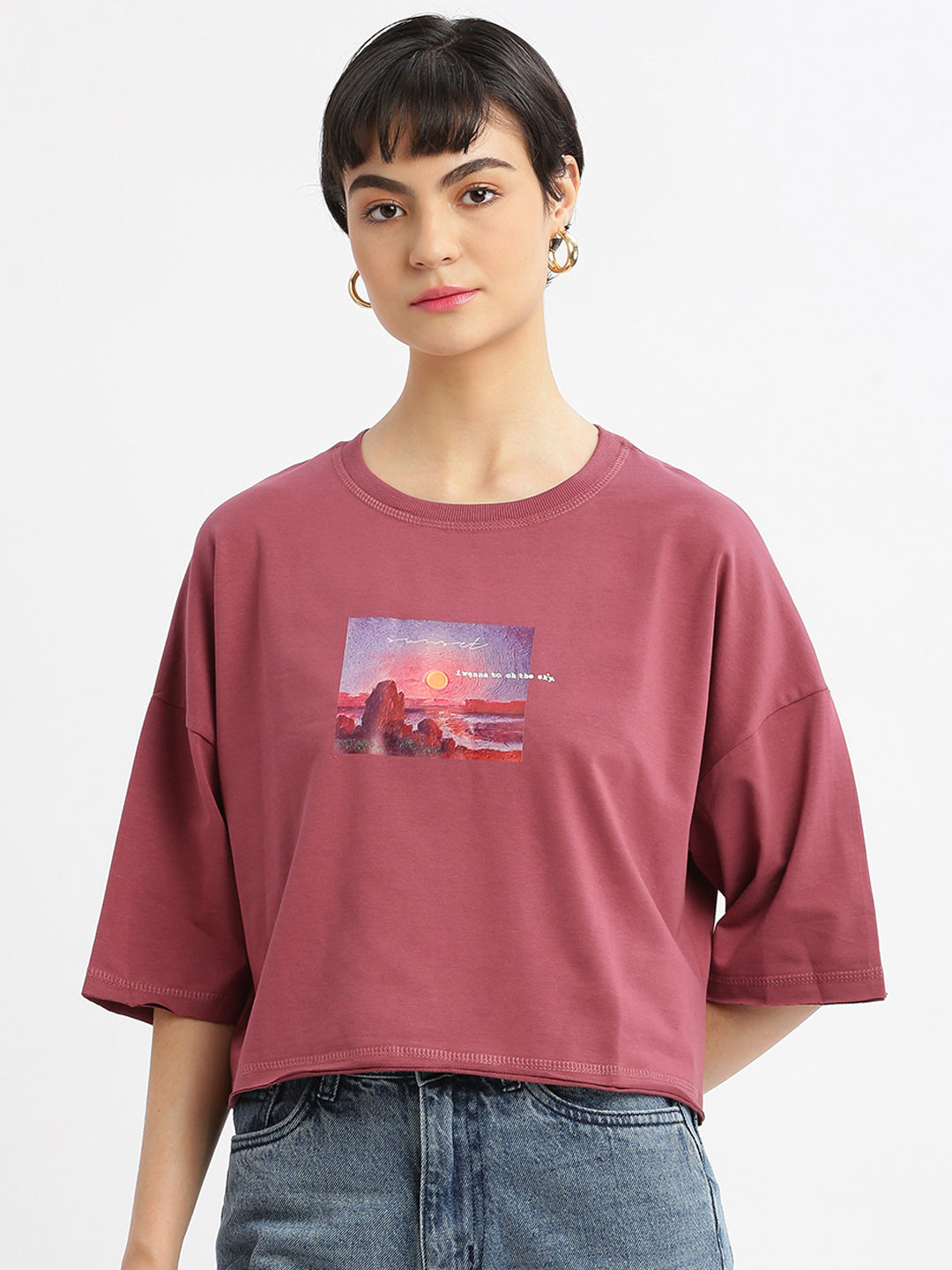 Women Graphic Mauve Boxy Crop T shirt