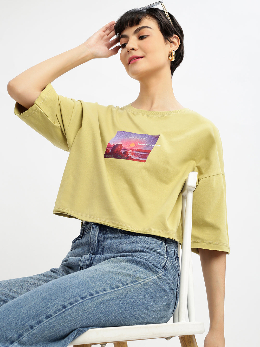 Women Graphic Mustard Boxy Crop T shirt