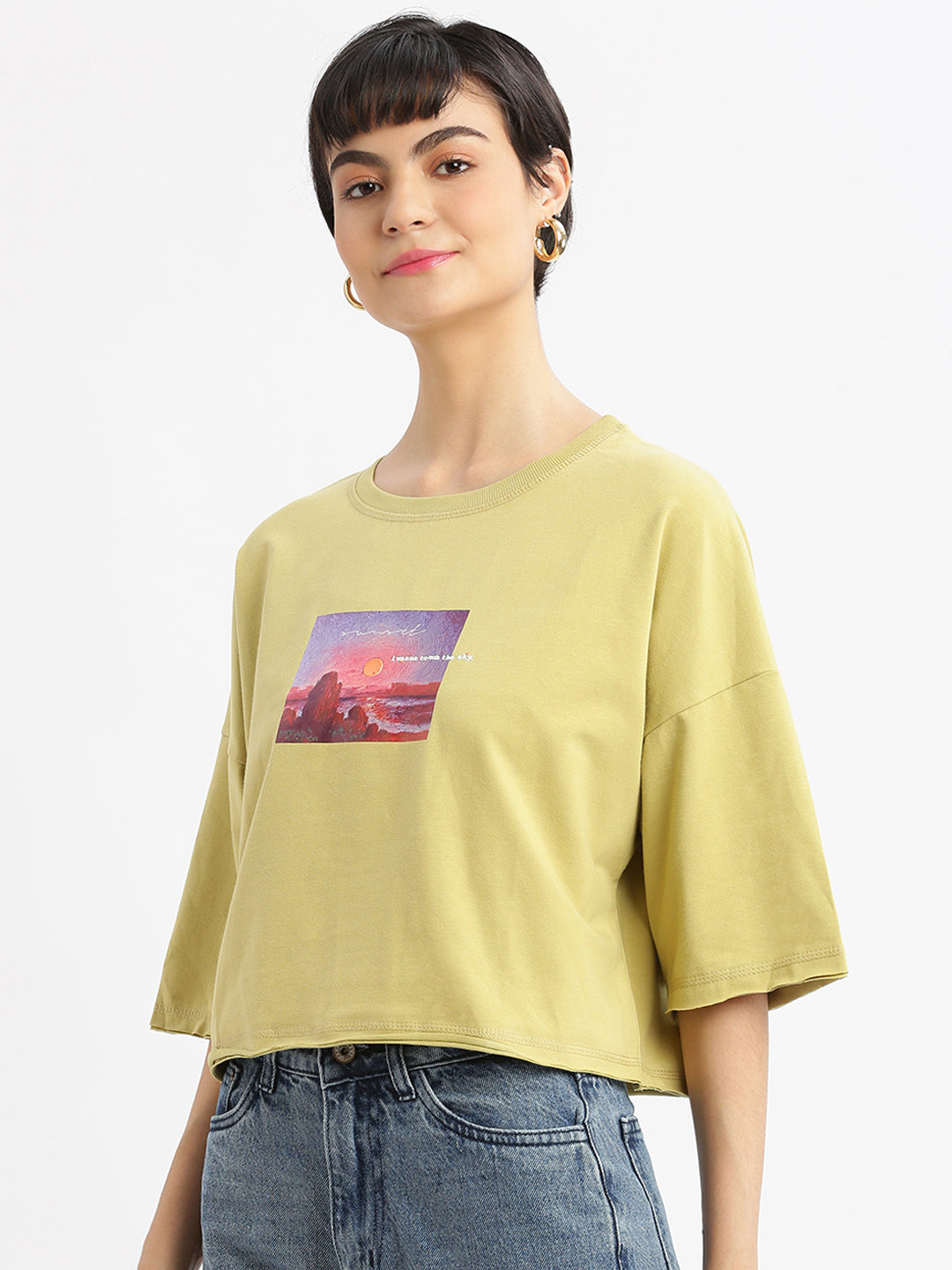 Women Graphic Mustard Boxy Crop T shirt