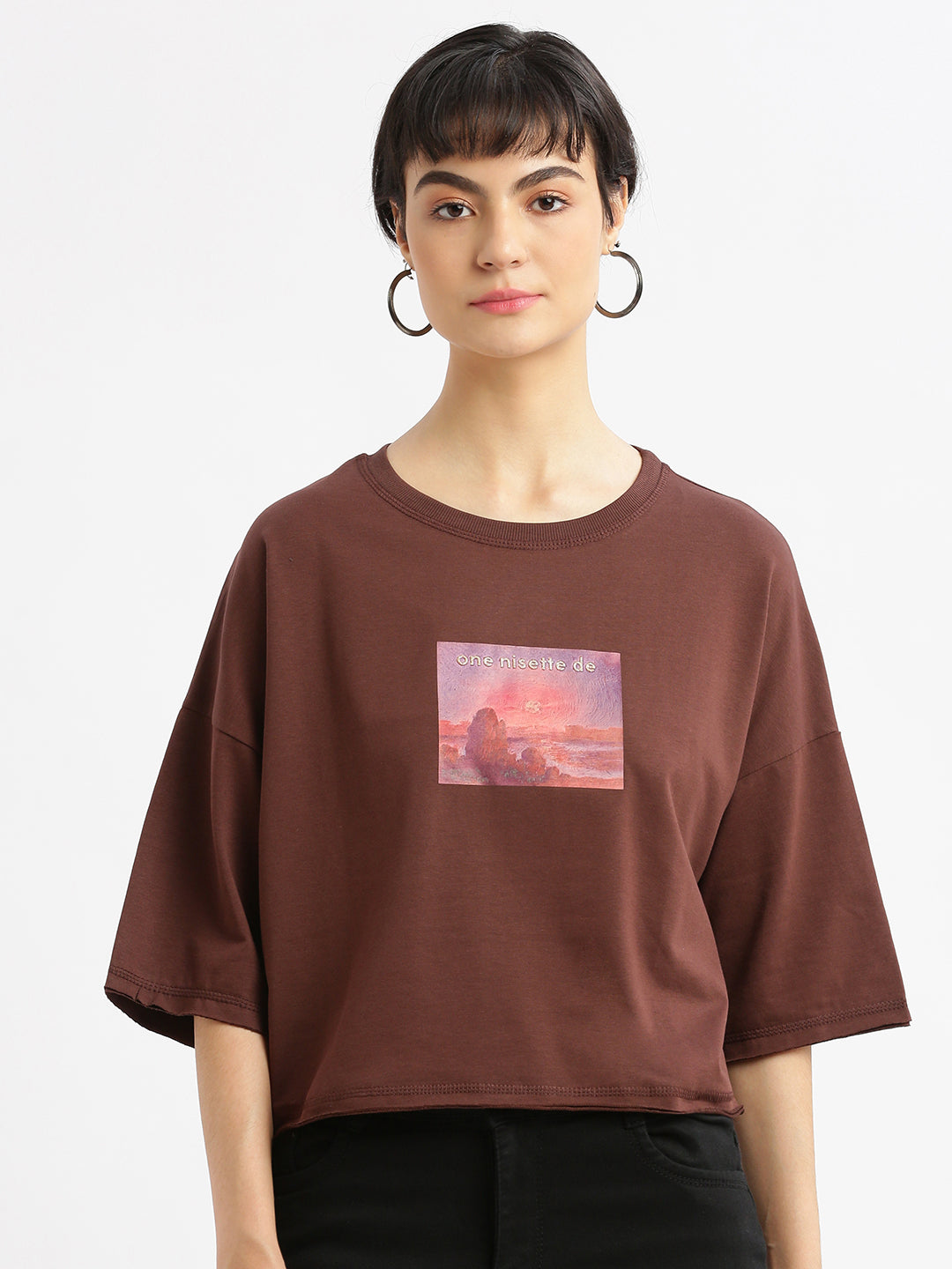 Women Graphic Brown Boxy Crop T shirt