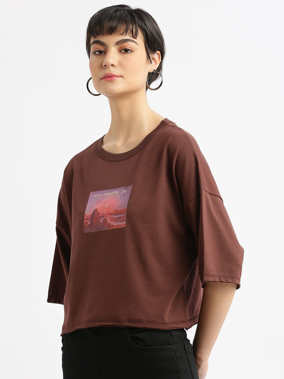 Women Graphic Brown Boxy Crop T shirt