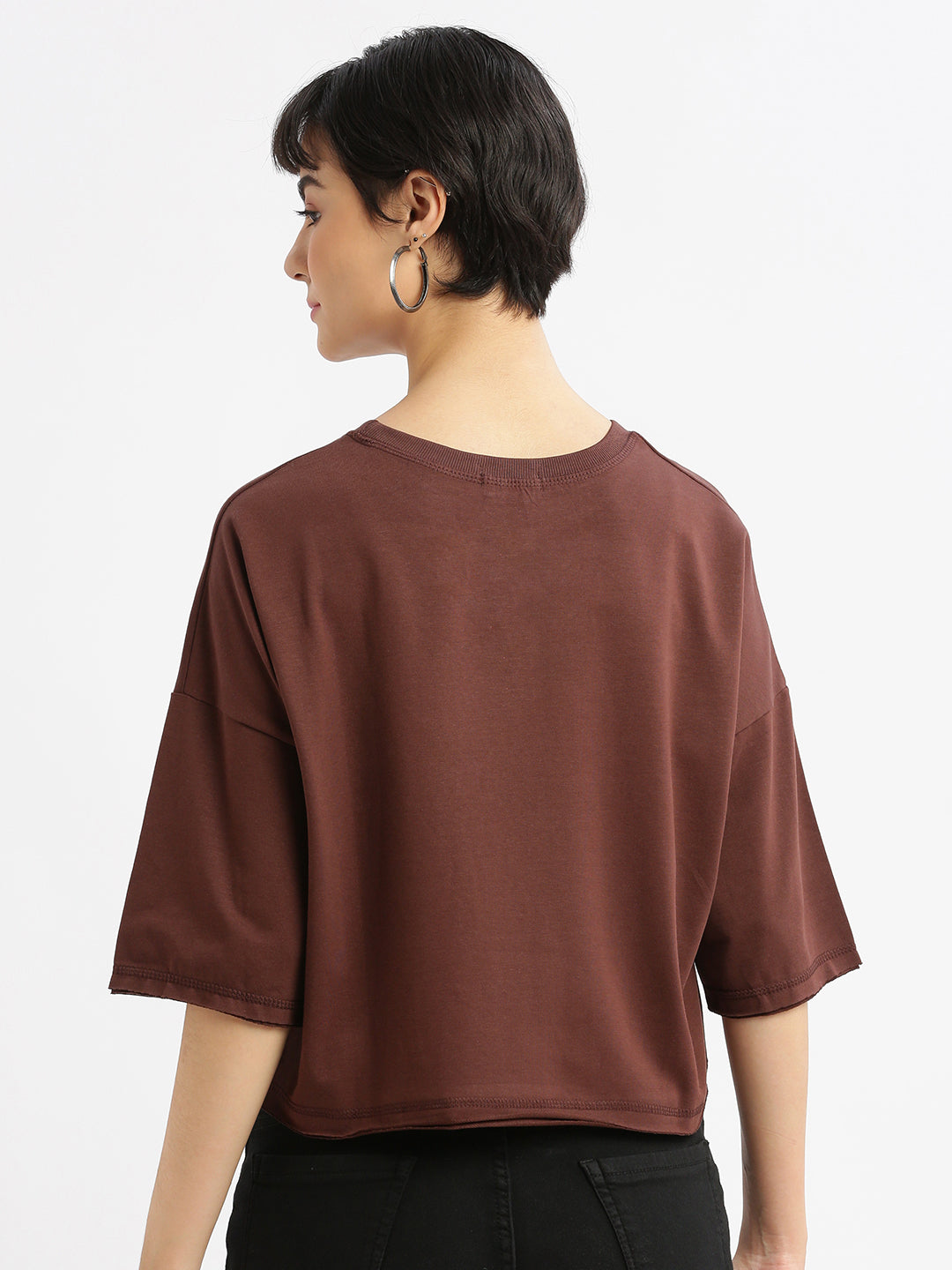 Women Graphic Brown Boxy Crop T shirt