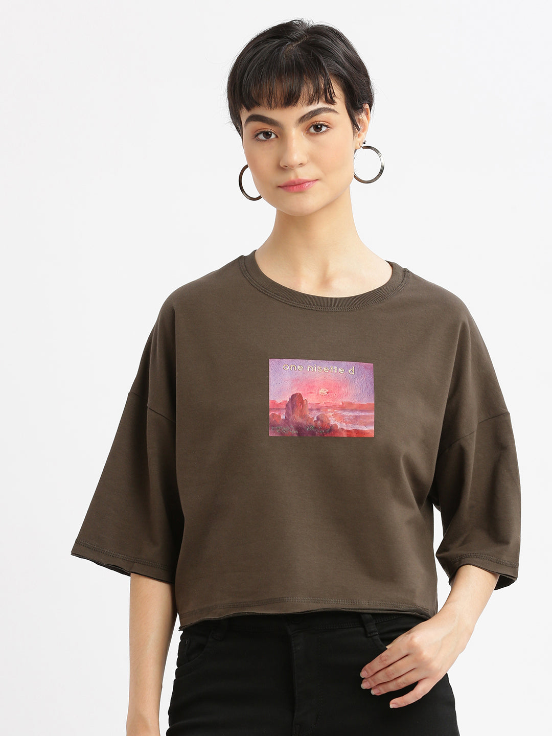 Women Graphic Olive Boxy Crop T shirt