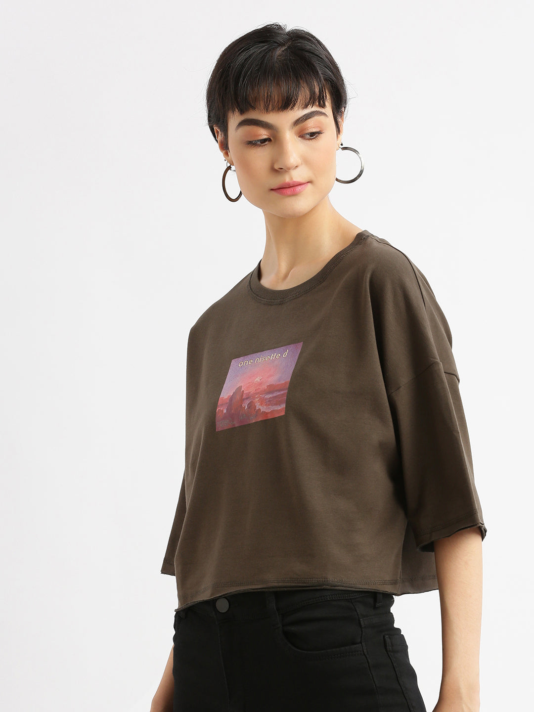 Women Graphic Olive Boxy Crop T shirt