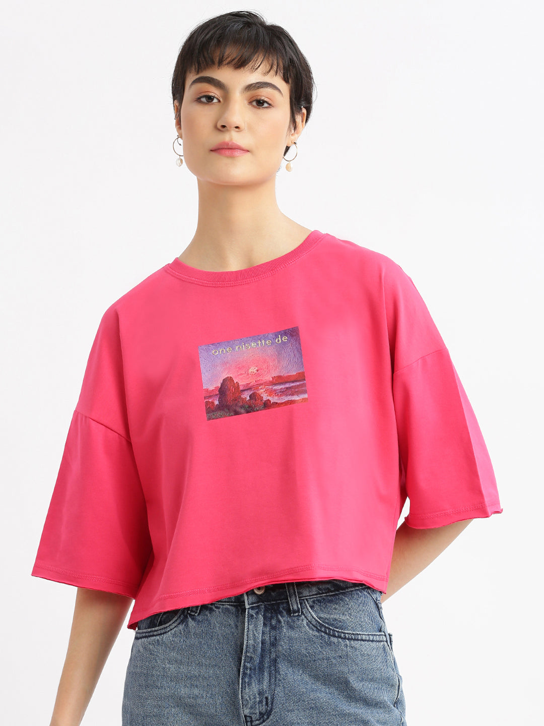 Women Graphic Pink Boxy Crop T shirt