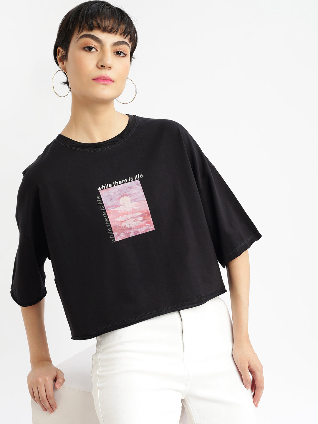 Women Graphic Black Boxy Crop T shirt