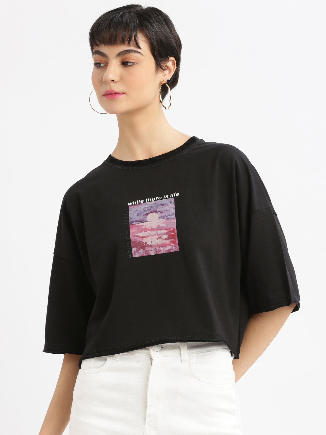 Women Graphic Black Boxy Crop T shirt