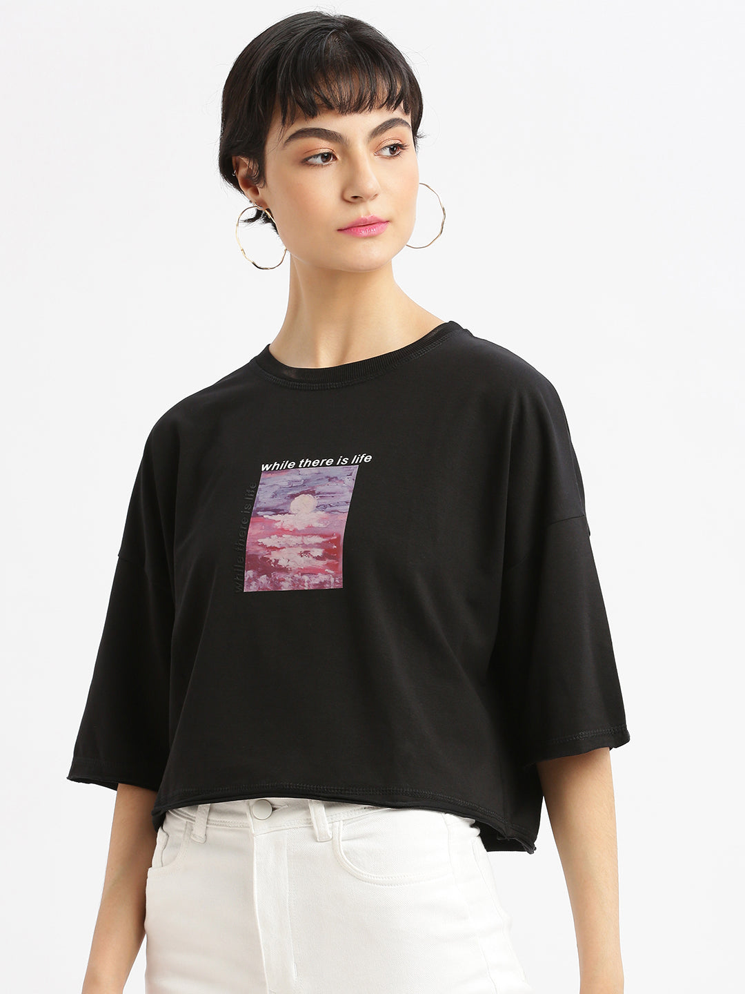 Women Graphic Black Boxy Crop T shirt