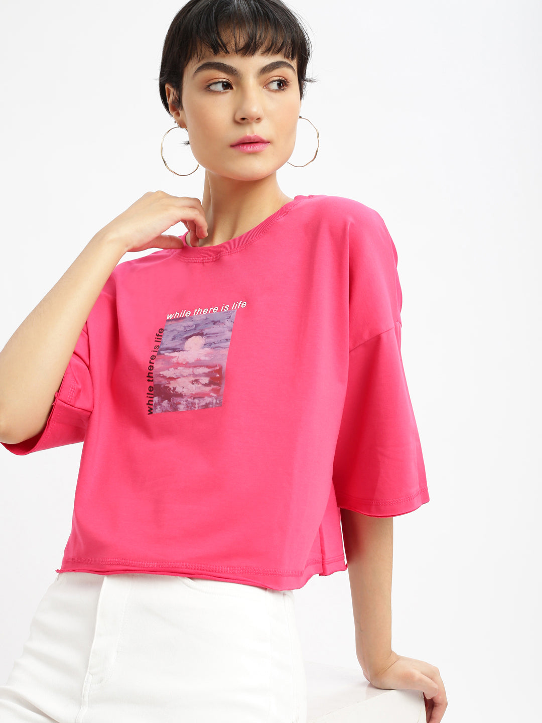 Women Graphic Pink Boxy Crop T shirt