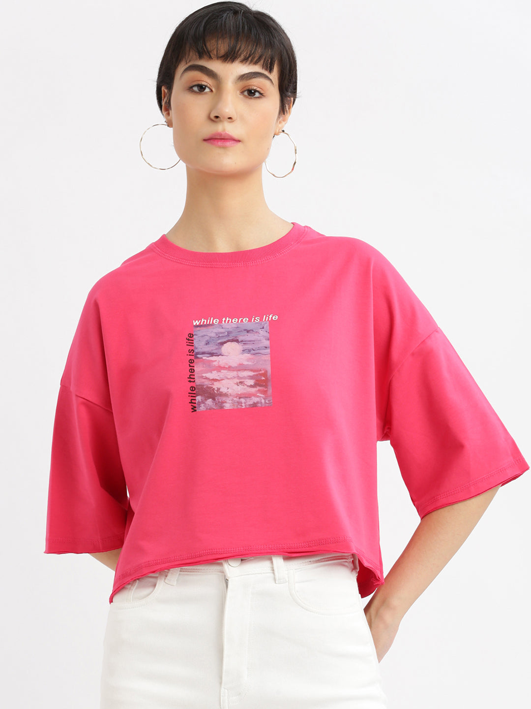 Women Graphic Pink Boxy Crop T shirt