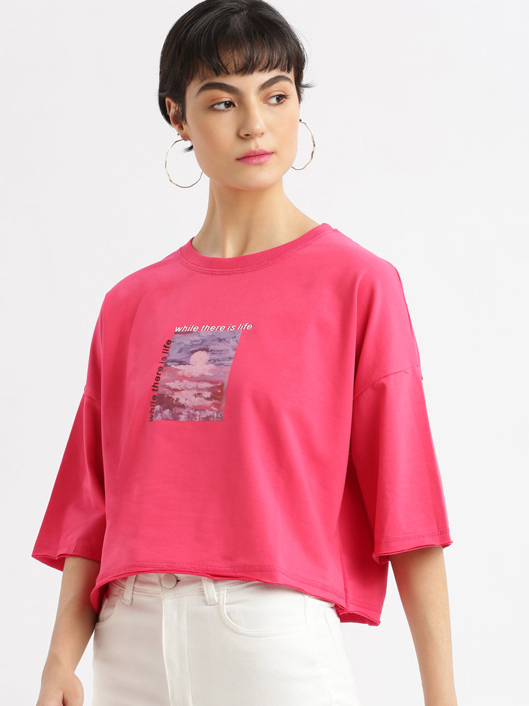 Women Graphic Pink Boxy Crop T shirt