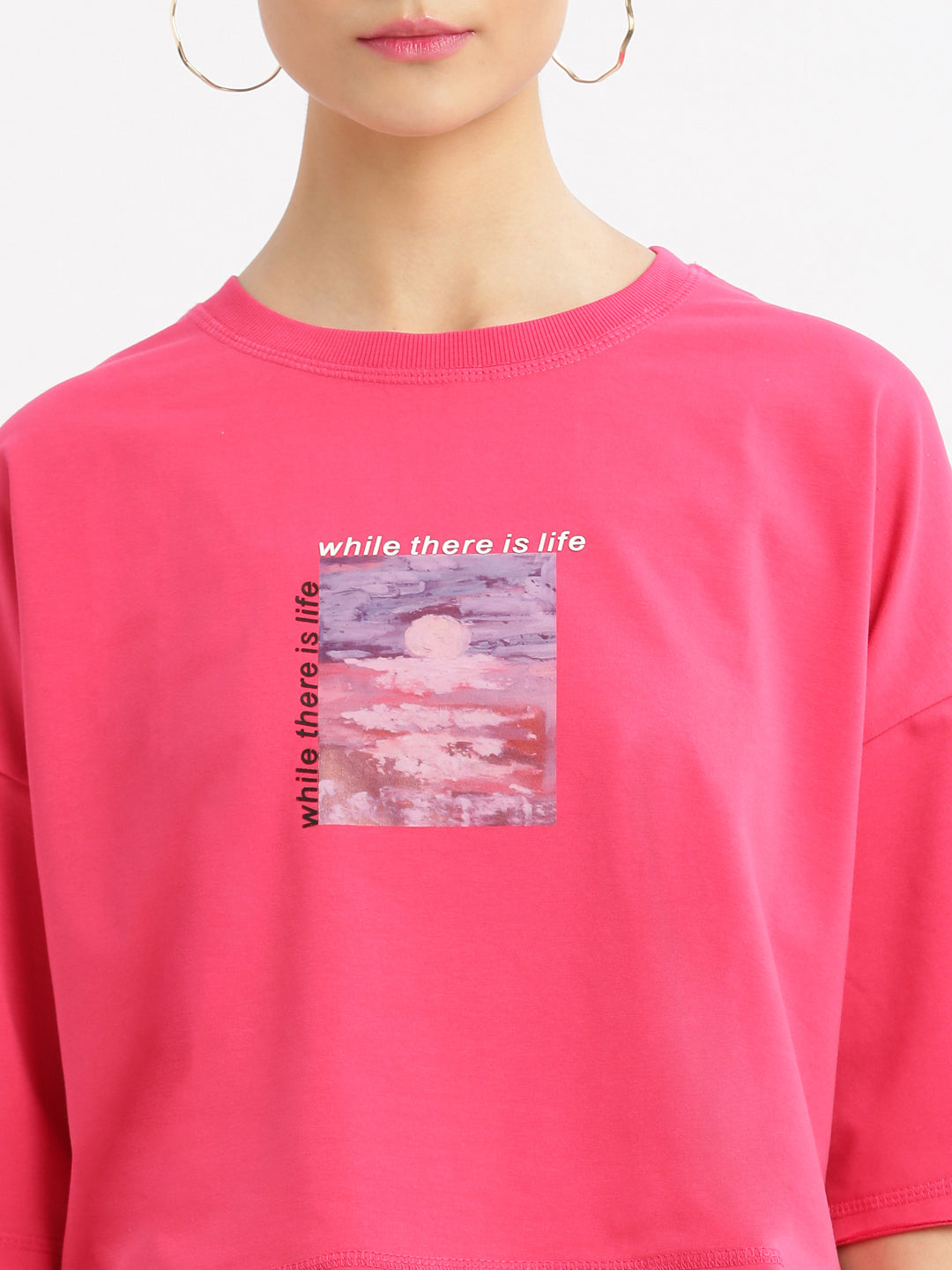 Women Graphic Pink Boxy Crop T shirt