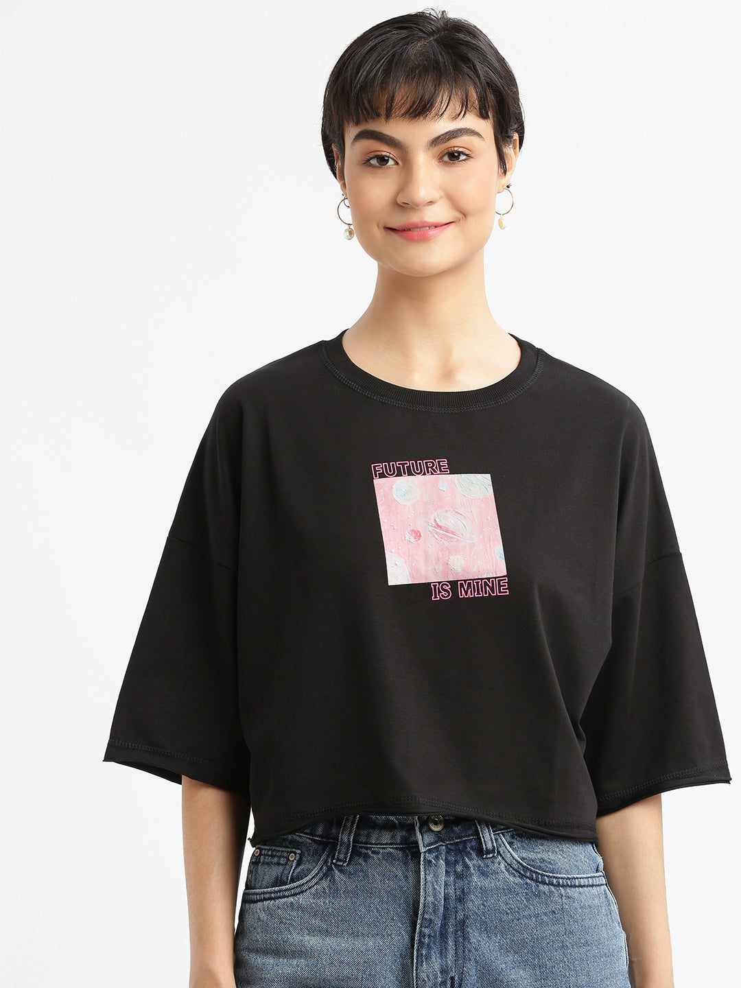 Women Graphic Black Boxy Crop T shirt