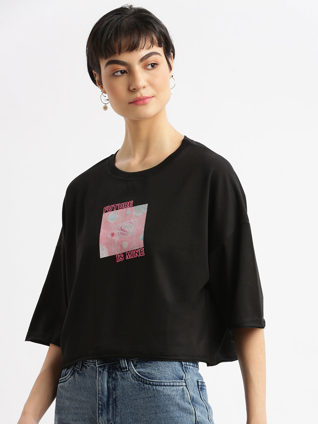 Women Graphic Black Boxy Crop T shirt