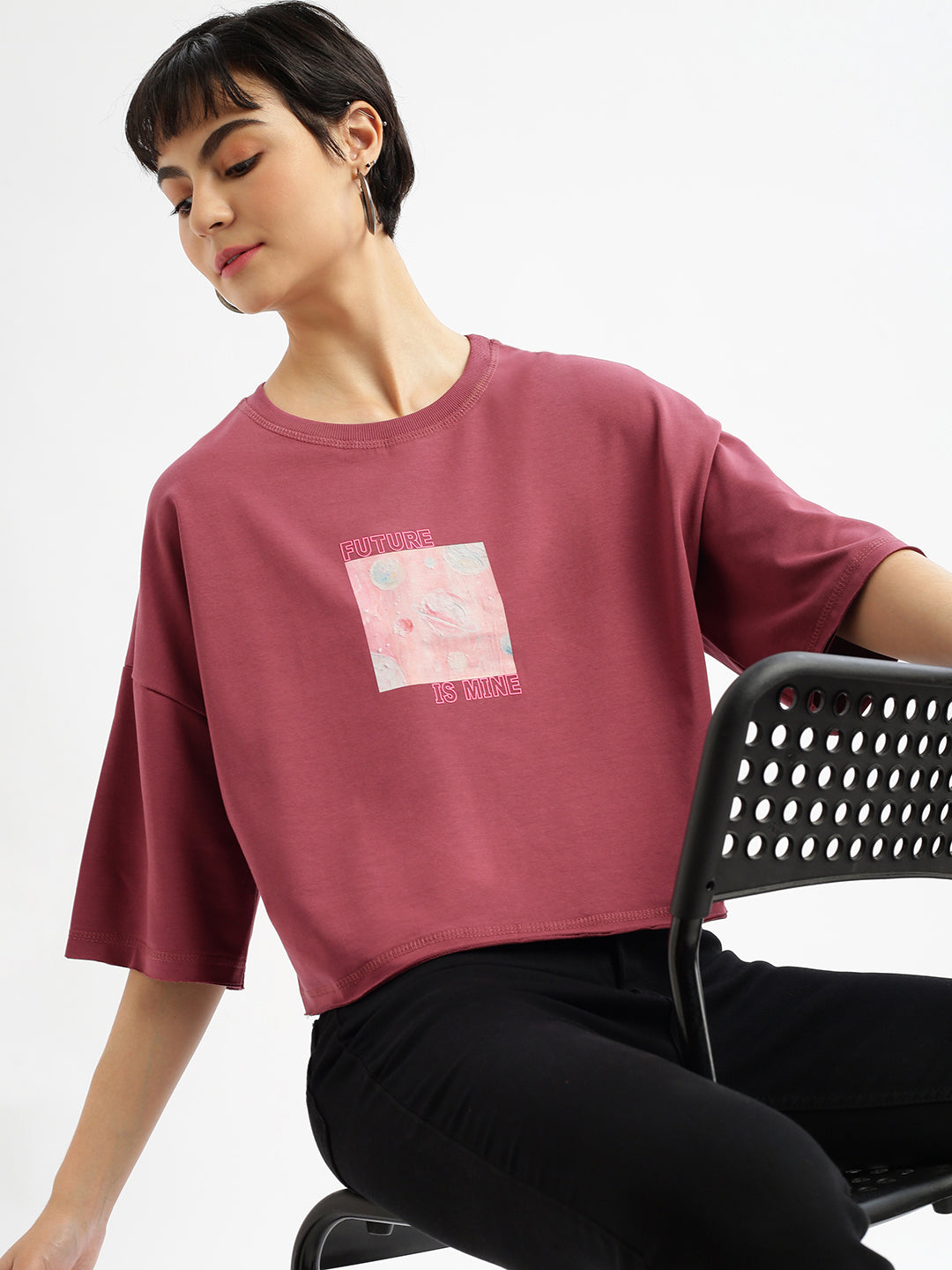 Women Graphic Mauve Boxy Crop T shirt