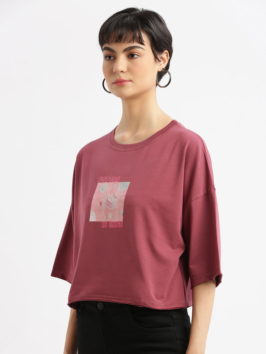 Women Graphic Mauve Boxy Crop T shirt