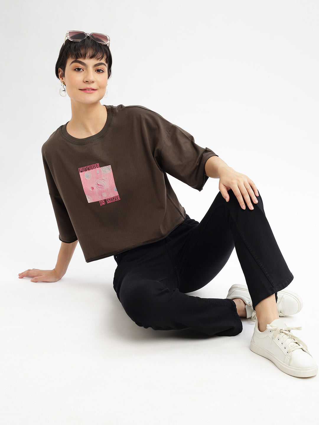 Women Graphic Olive Boxy Crop T shirt