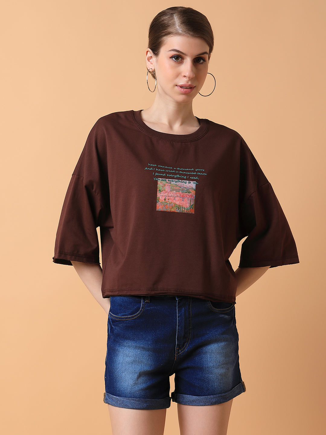 Women Graphic Brown Boxy Crop T shirt