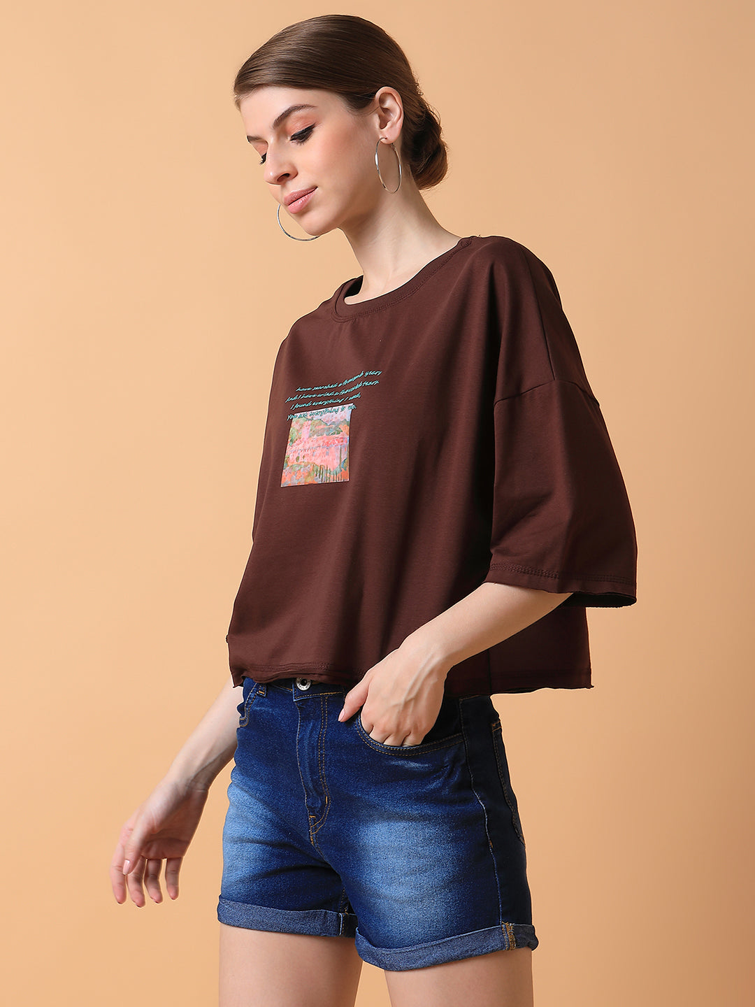 Women Graphic Brown Boxy Crop T shirt