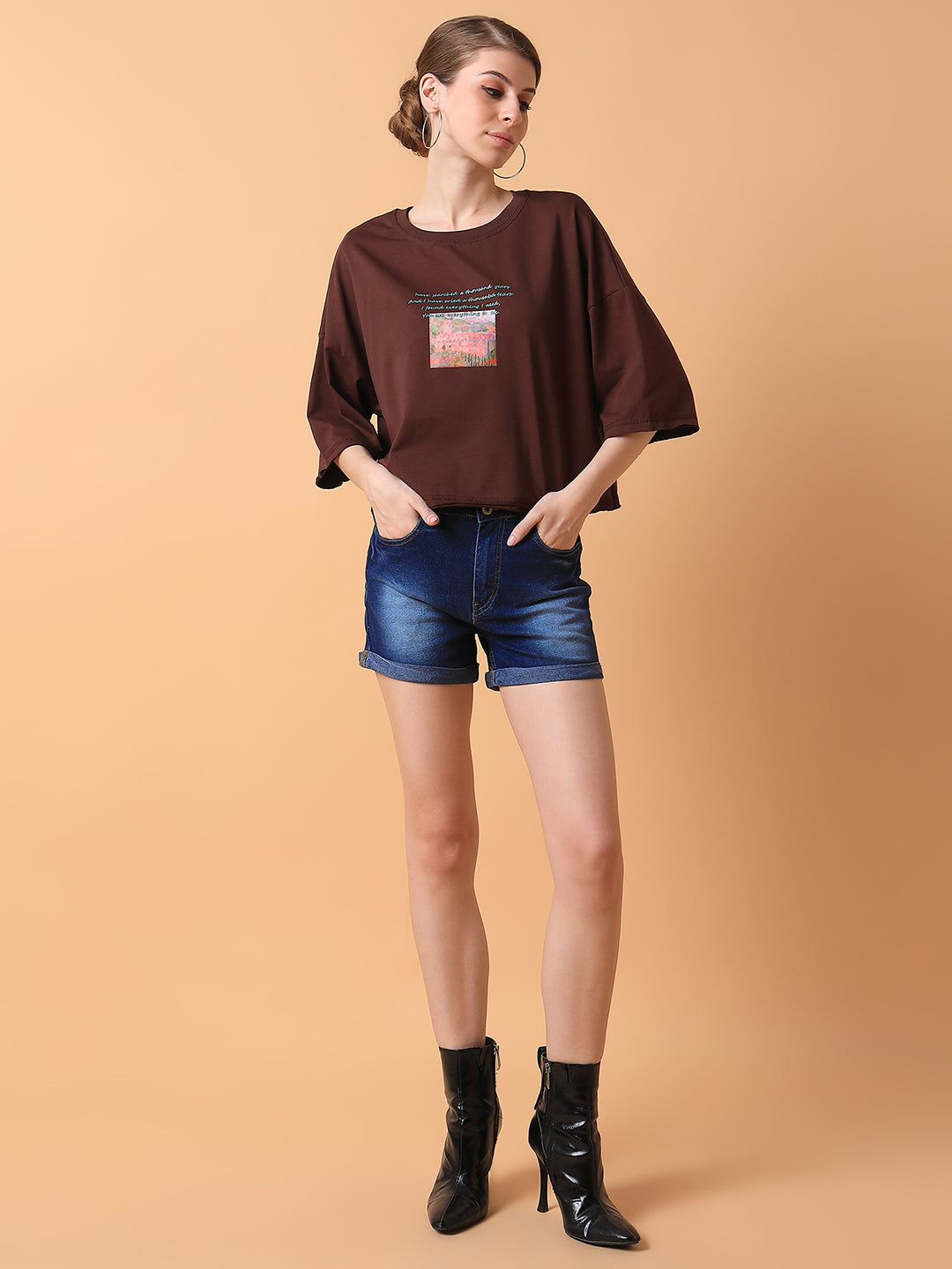 Women Graphic Brown Boxy Crop T shirt