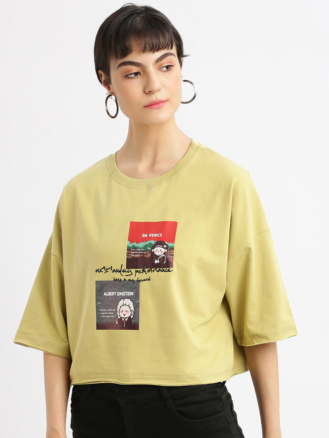 Women Graphic Mustard Boxy Crop T shirt