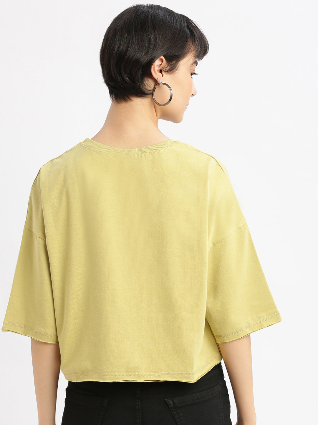 Women Graphic Mustard Boxy Crop T shirt