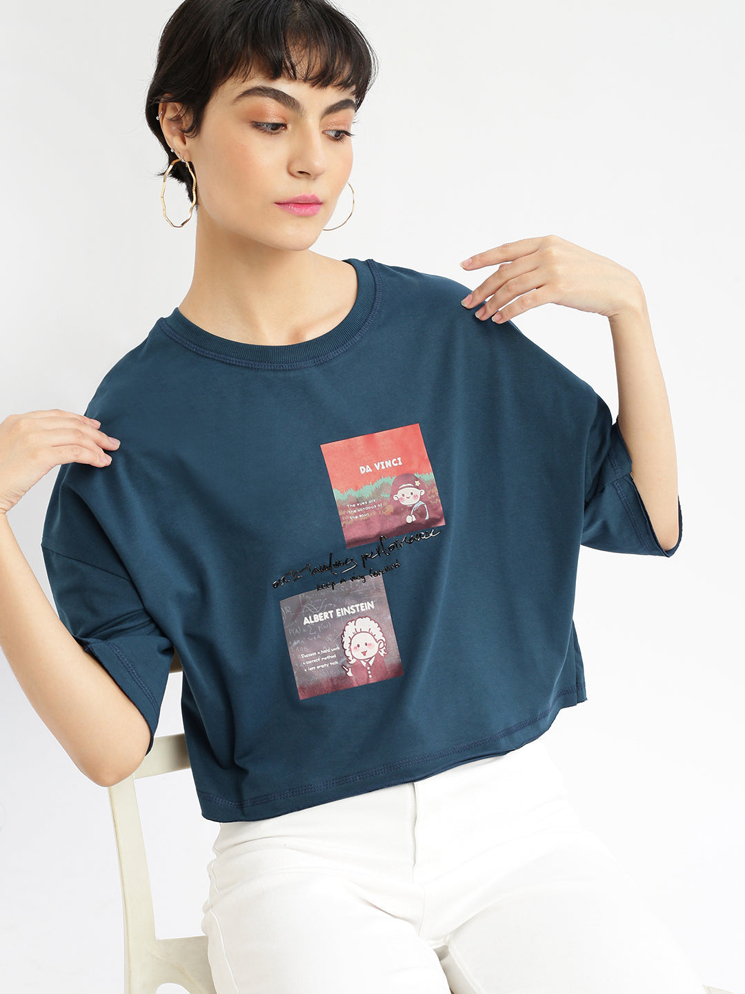 Women Graphic Teal Boxy Crop T shirt