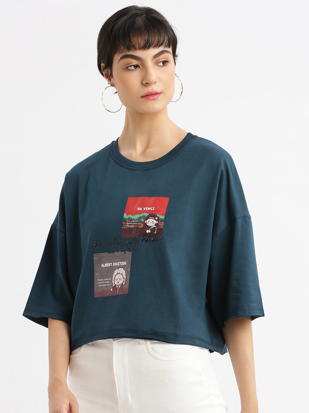 Women Graphic Teal Boxy Crop T shirt