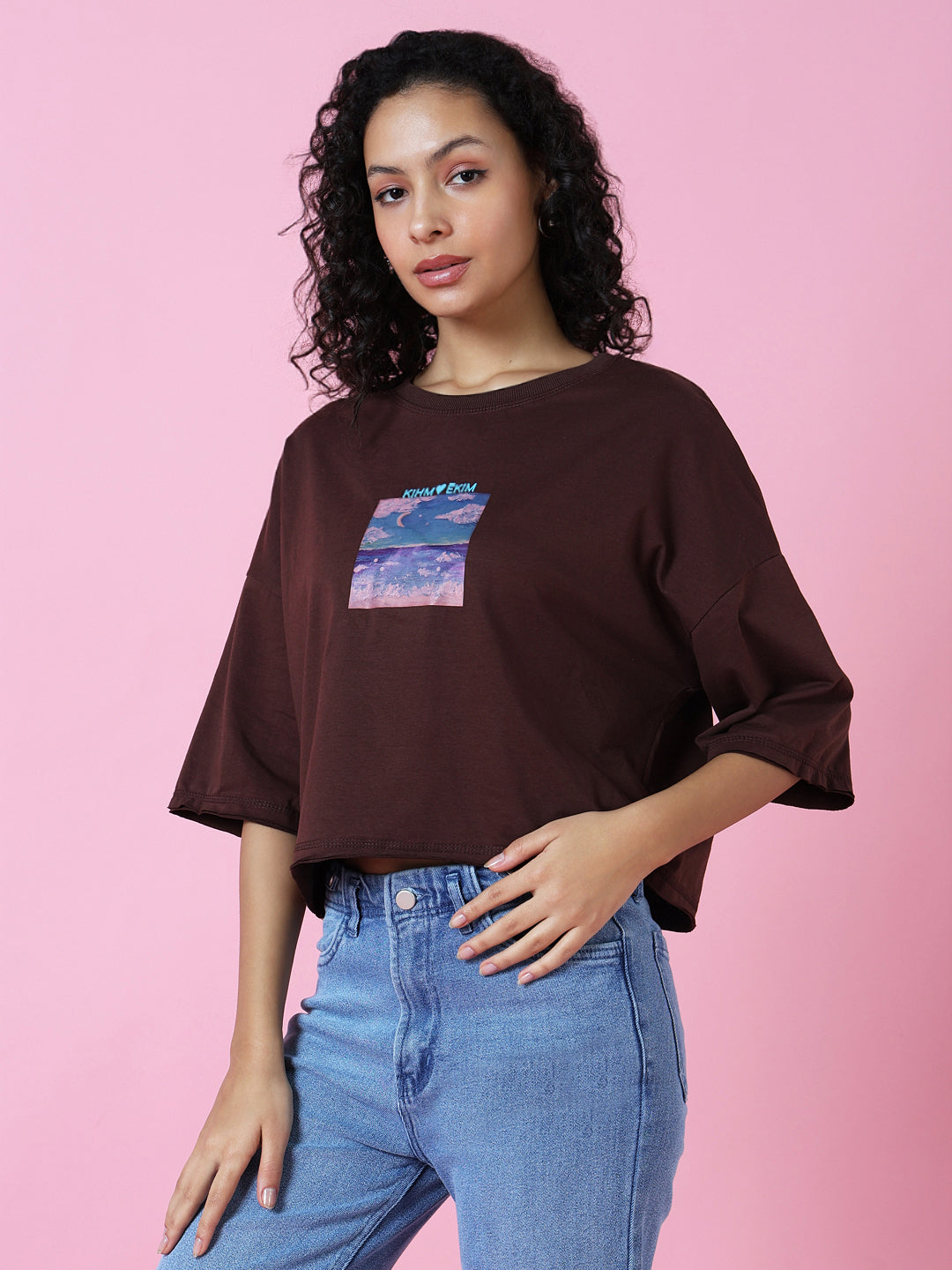 Women Graphic Brown Boxy Crop T Shirt