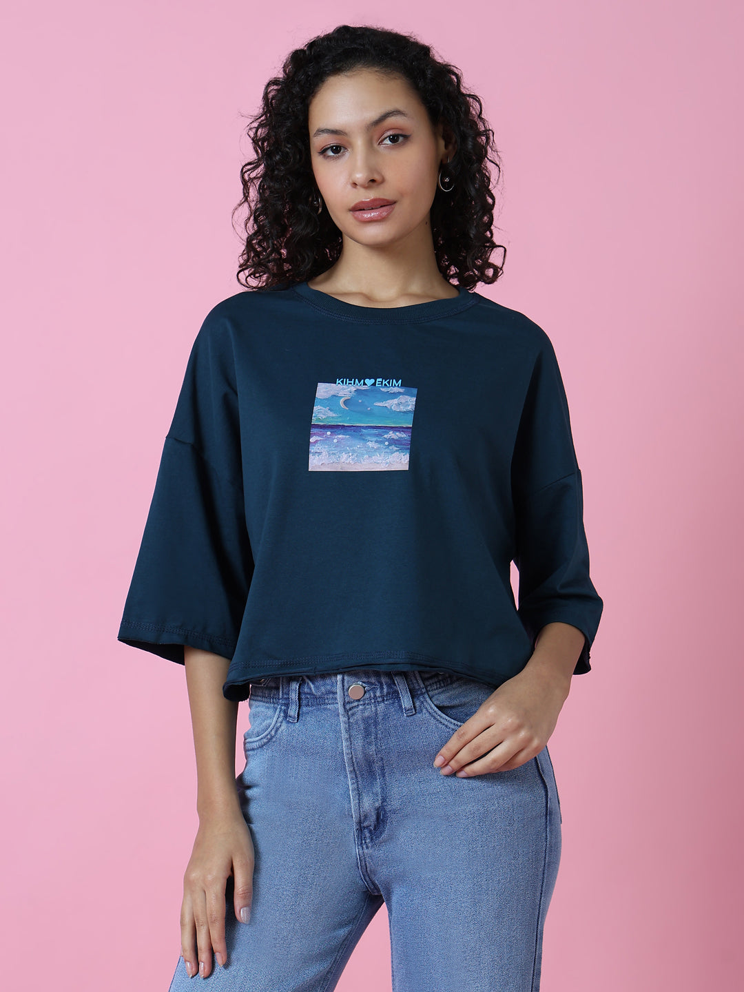 Women Graphic Teal Boxy Crop T Shirt