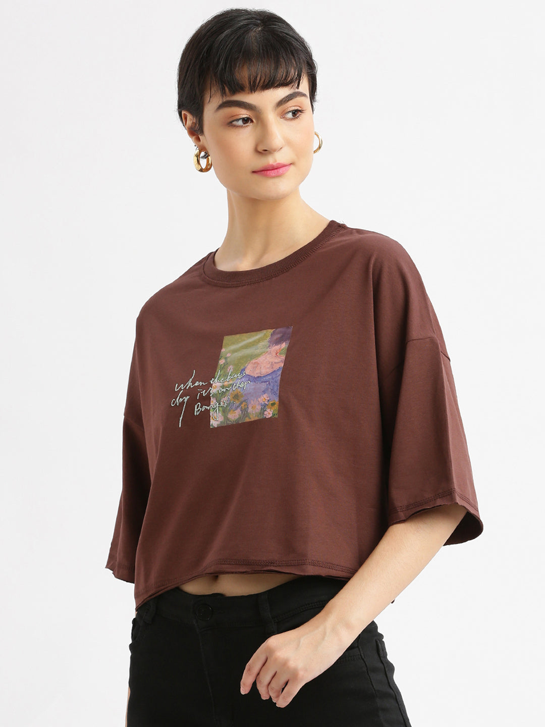 Women Graphic Brown Boxy Crop T shirt