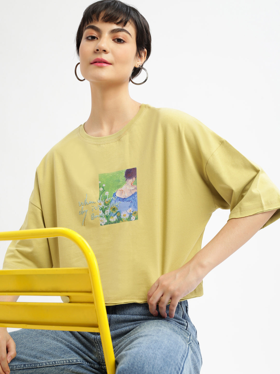 Women Graphic Mustard Boxy Crop T shirt