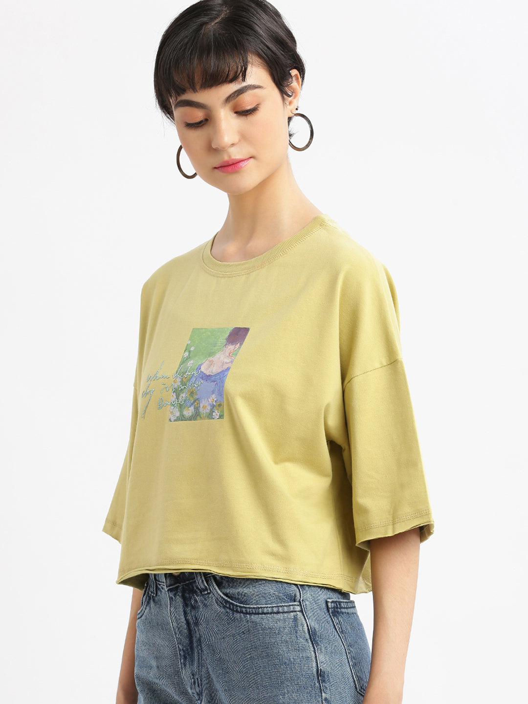 Women Graphic Mustard Boxy Crop T shirt