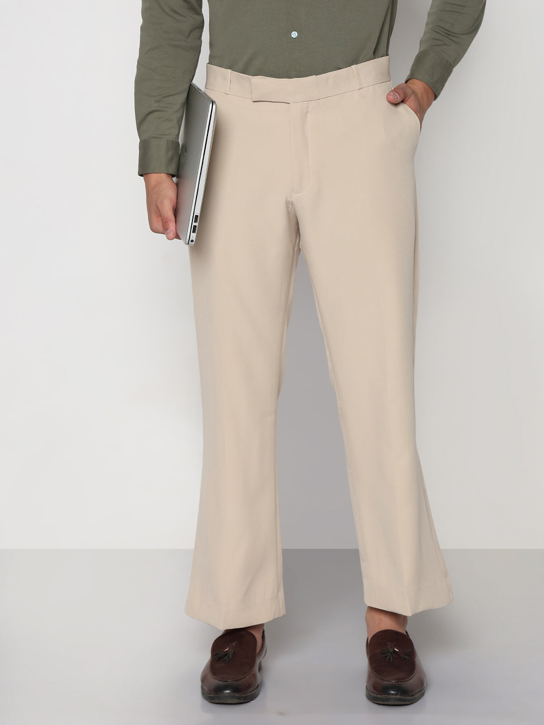 Men's Cream Solid Flared Formal Trousers