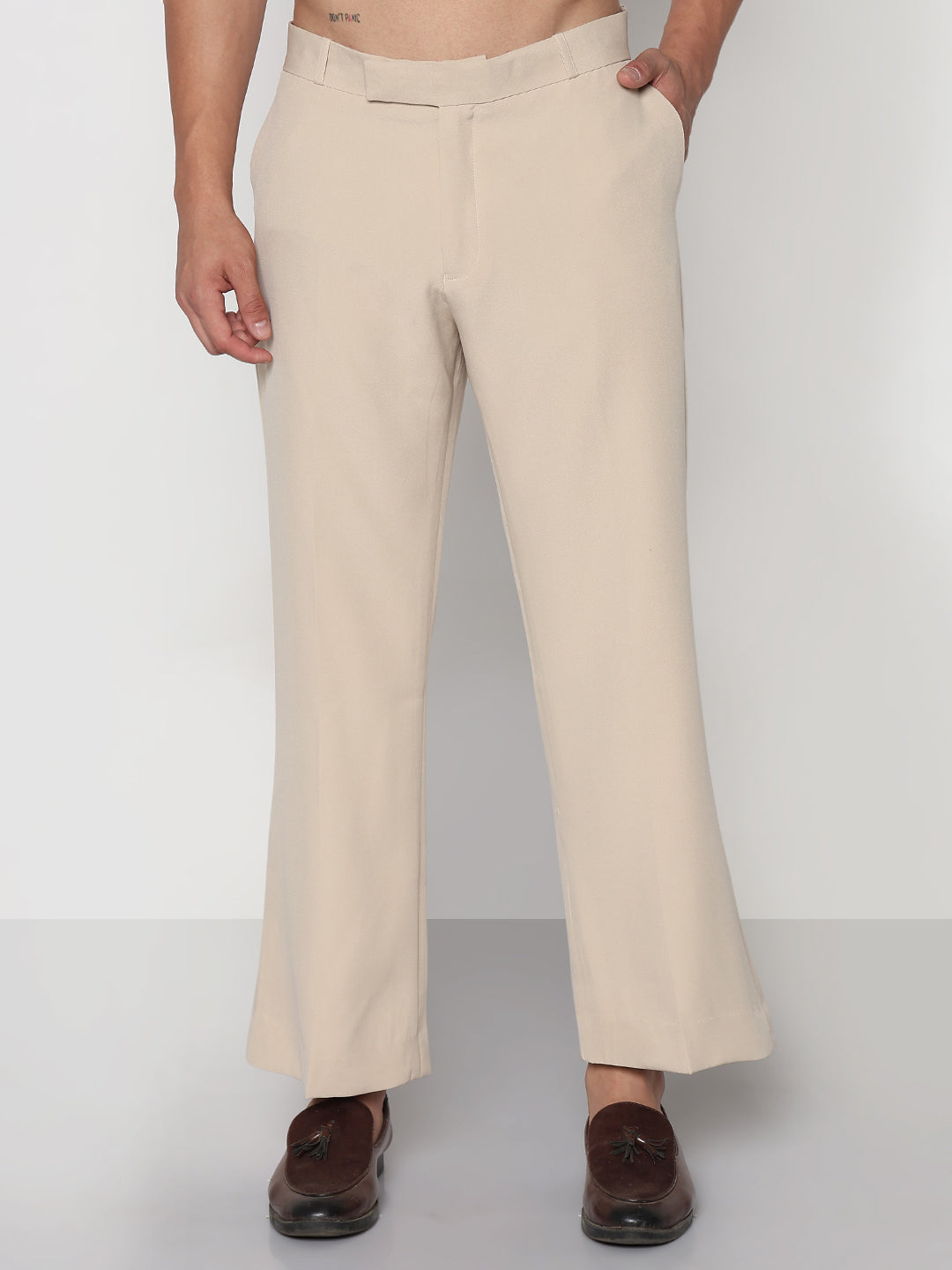 Men's Cream Solid Flared Formal Trousers