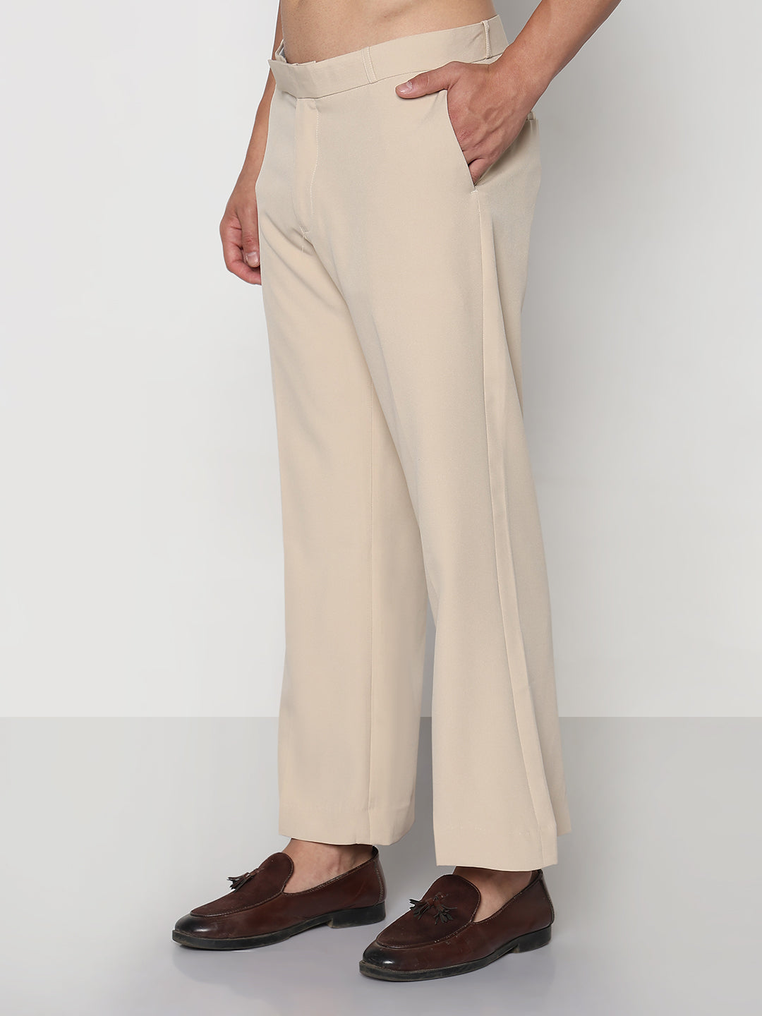 Men's Cream Solid Flared Formal Trousers