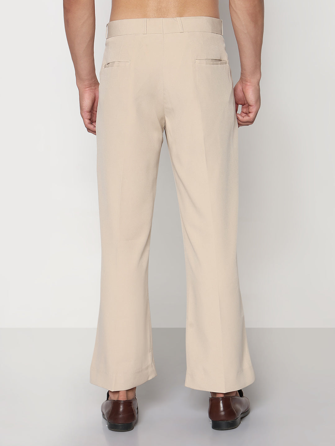 Men's Cream Solid Flared Formal Trousers