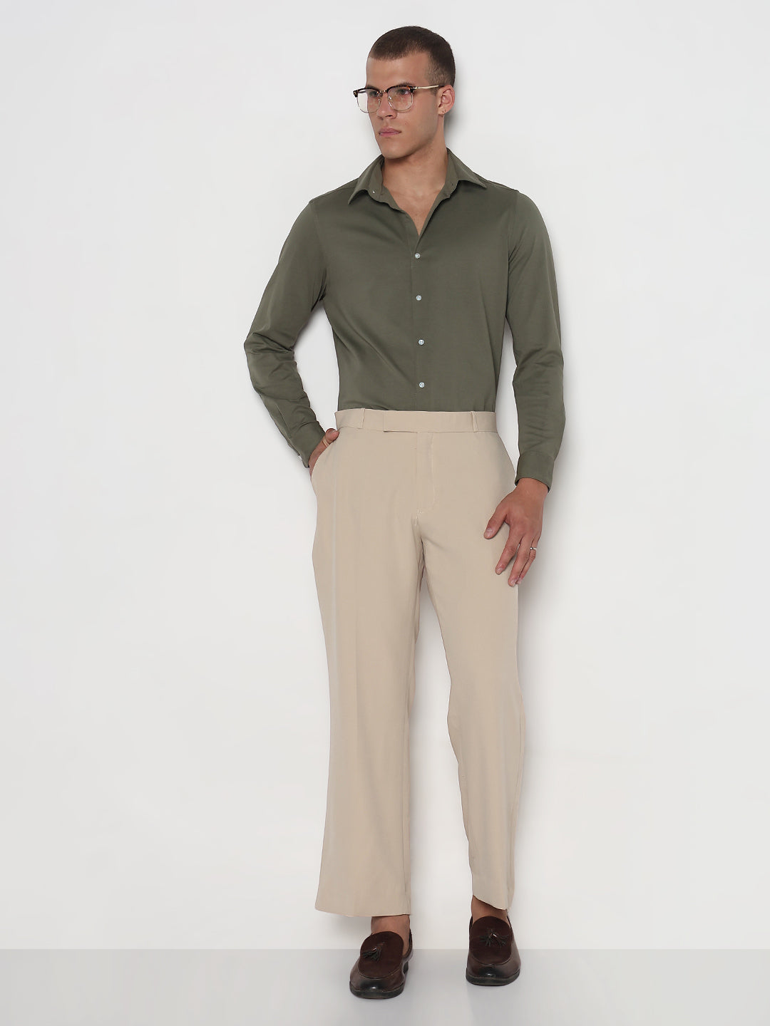 Men's Cream Solid Flared Formal Trousers