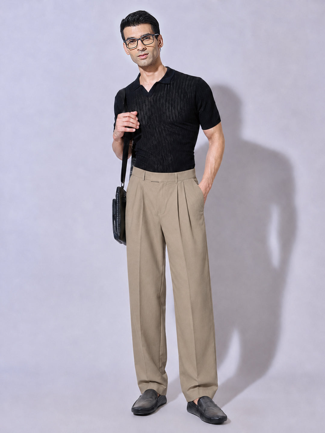 Men’s Beige Striaght Fit Pleated Formal Trousers