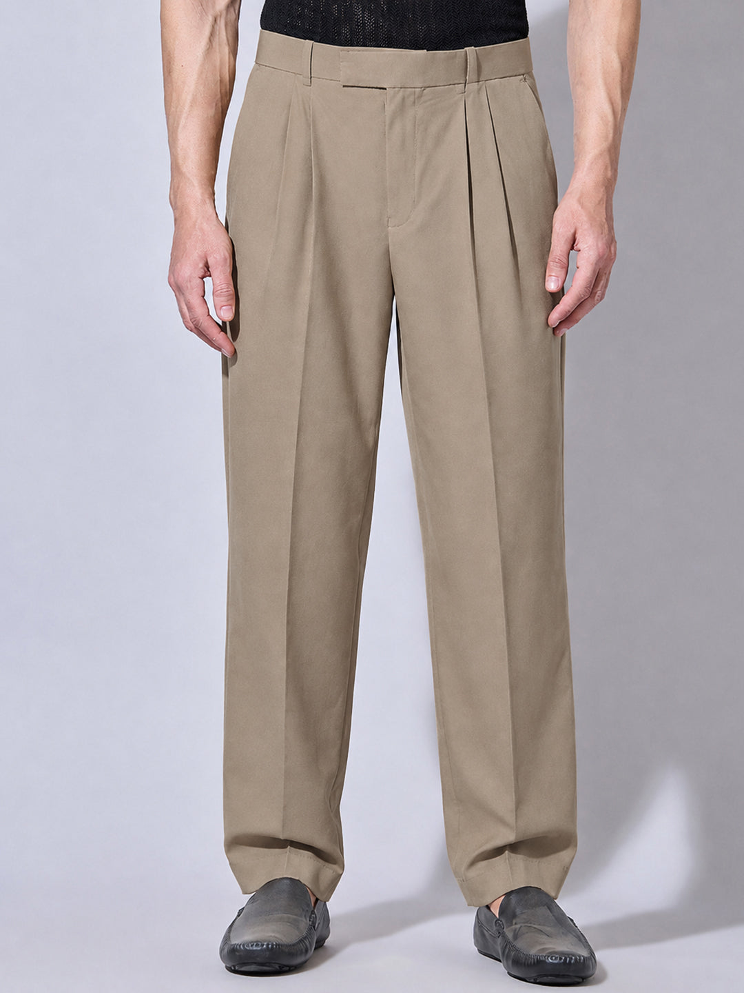 Men’s Beige Striaght Fit Pleated Formal Trousers