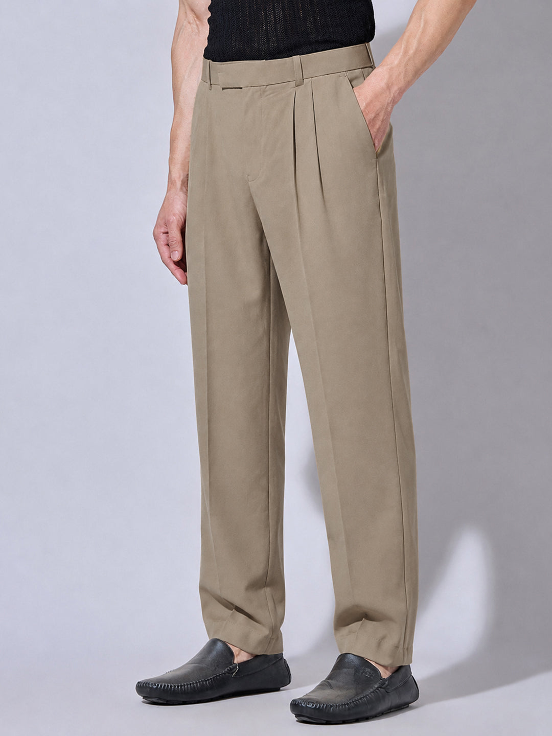 Men’s Beige Striaght Fit Pleated Formal Trousers
