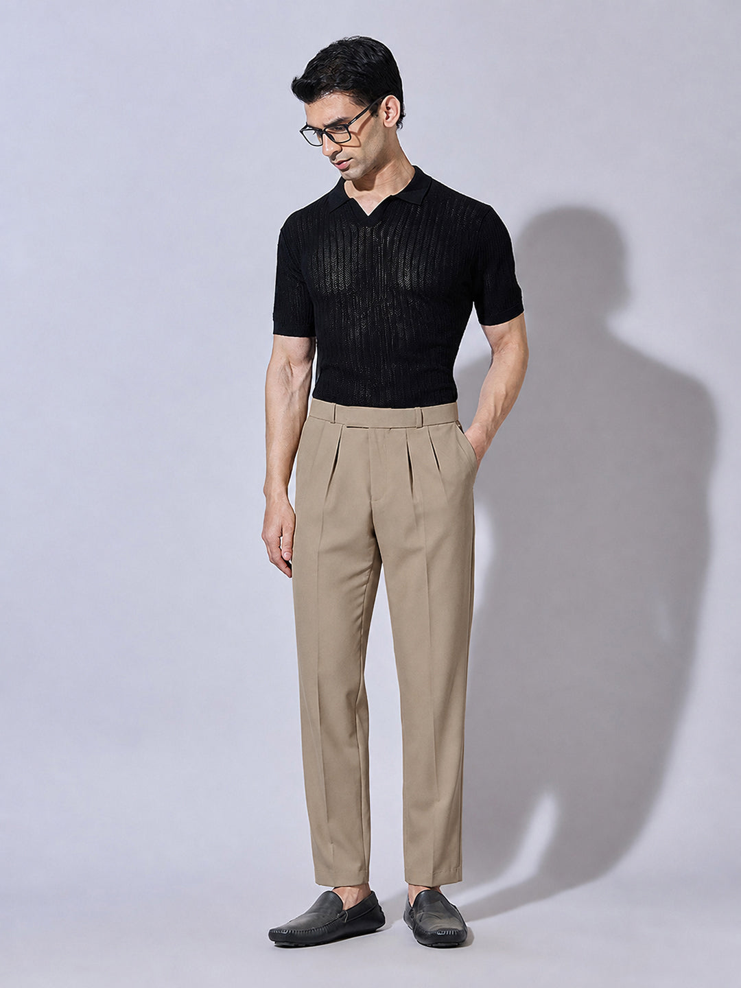 Men’s Beige Striaght Fit Pleated Formal Trousers