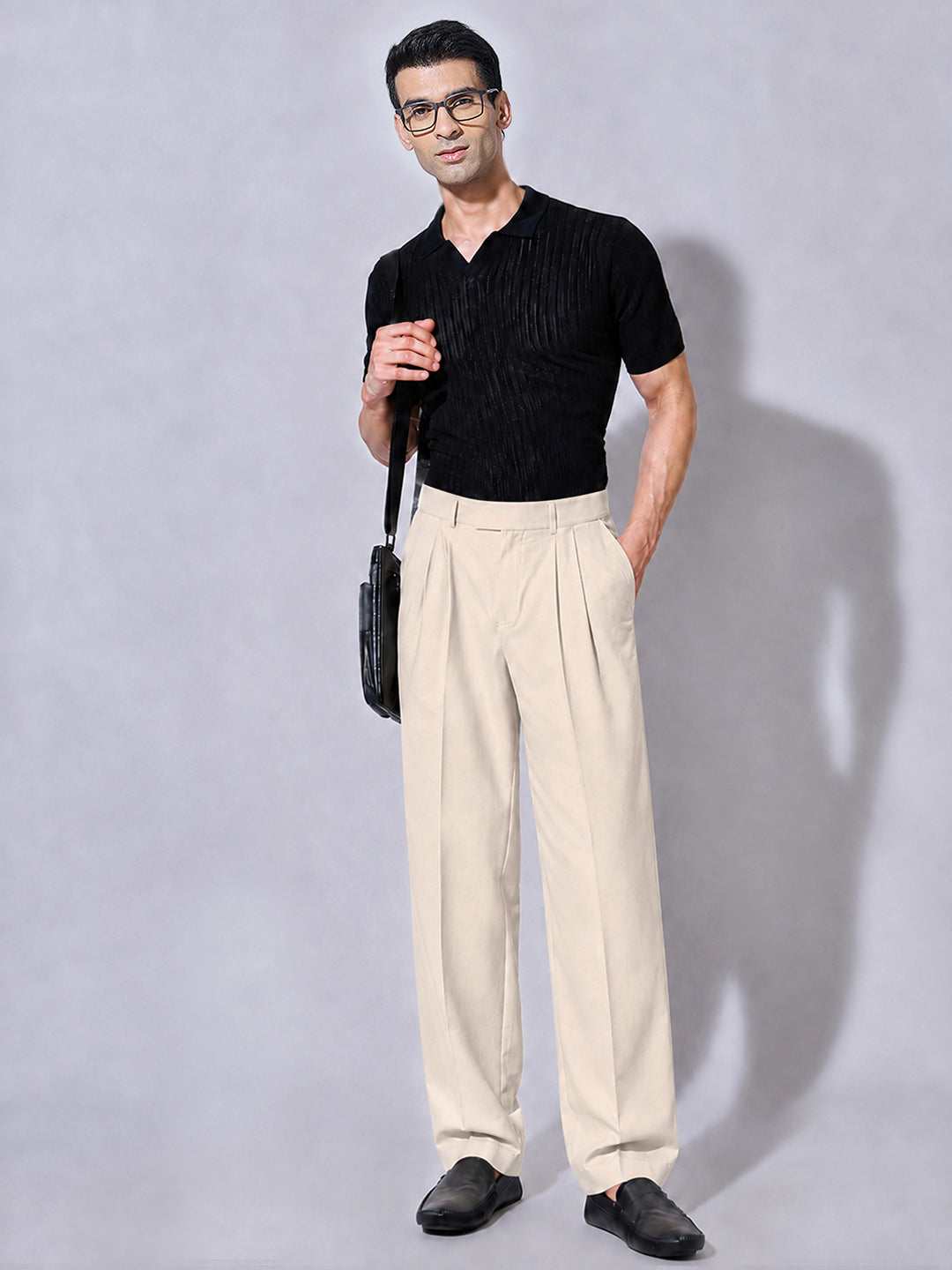 Men’s Cream Striaght Fit Pleated Formal Trousers