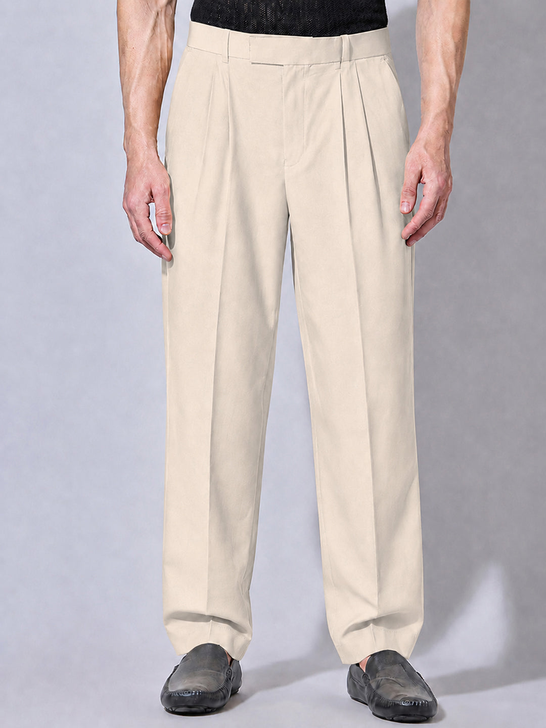 Men’s Cream Striaght Fit Pleated Formal Trousers