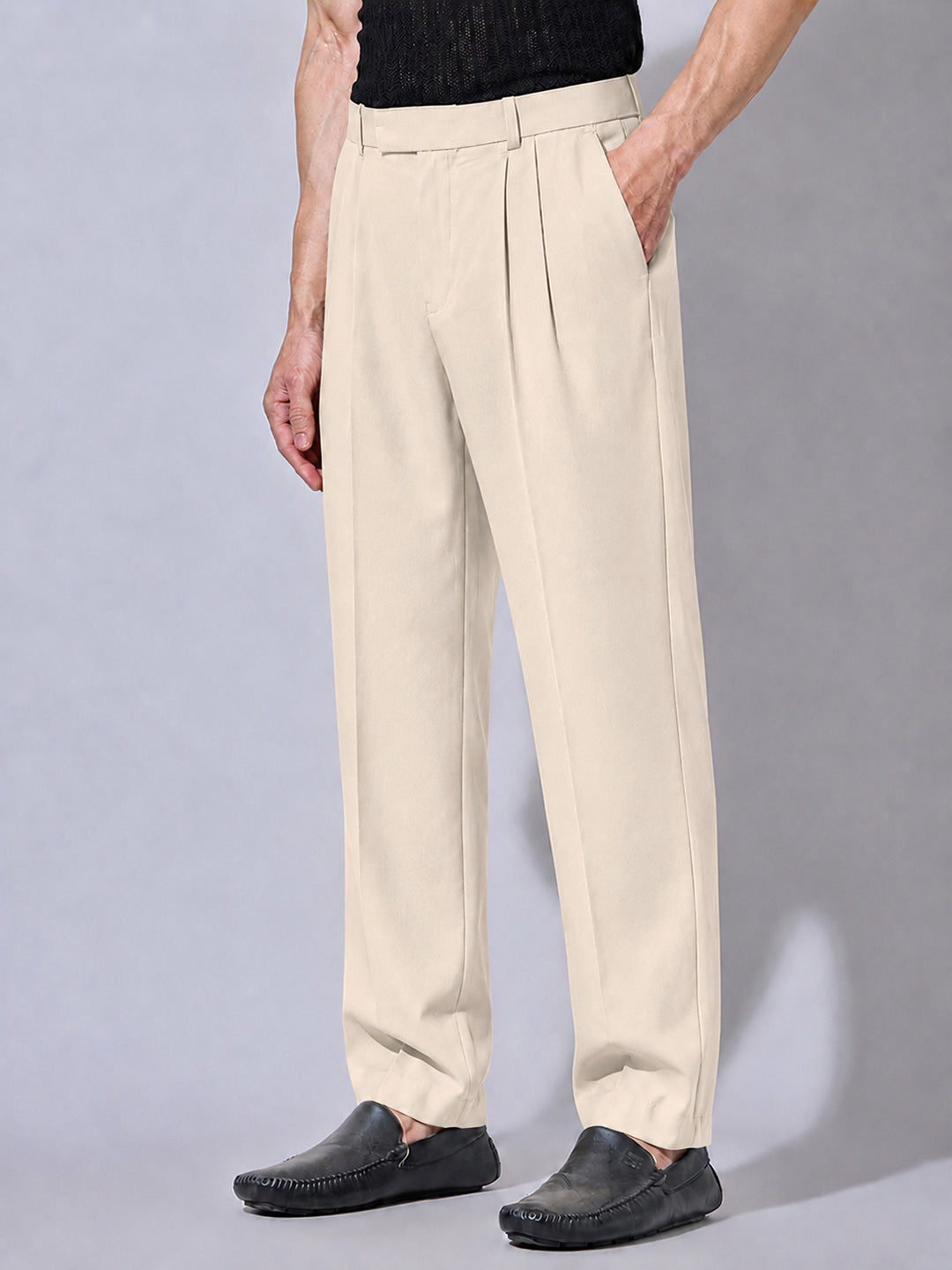 Men’s Cream Striaght Fit Pleated Formal Trousers