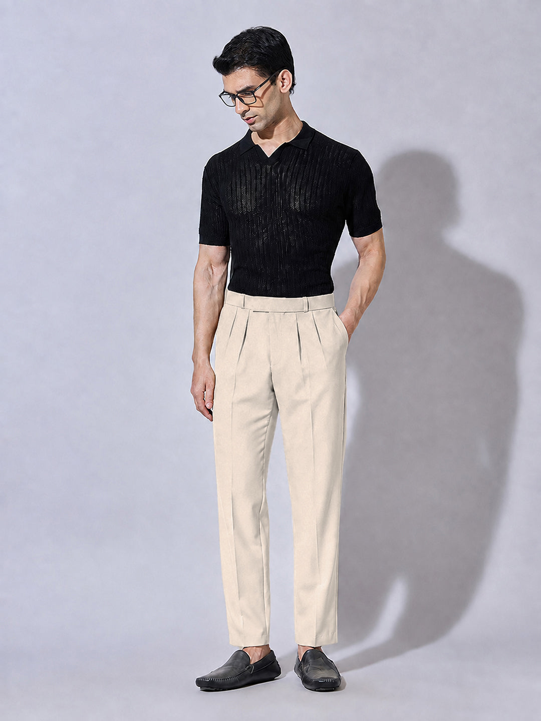 Men’s Cream Striaght Fit Pleated Formal Trousers